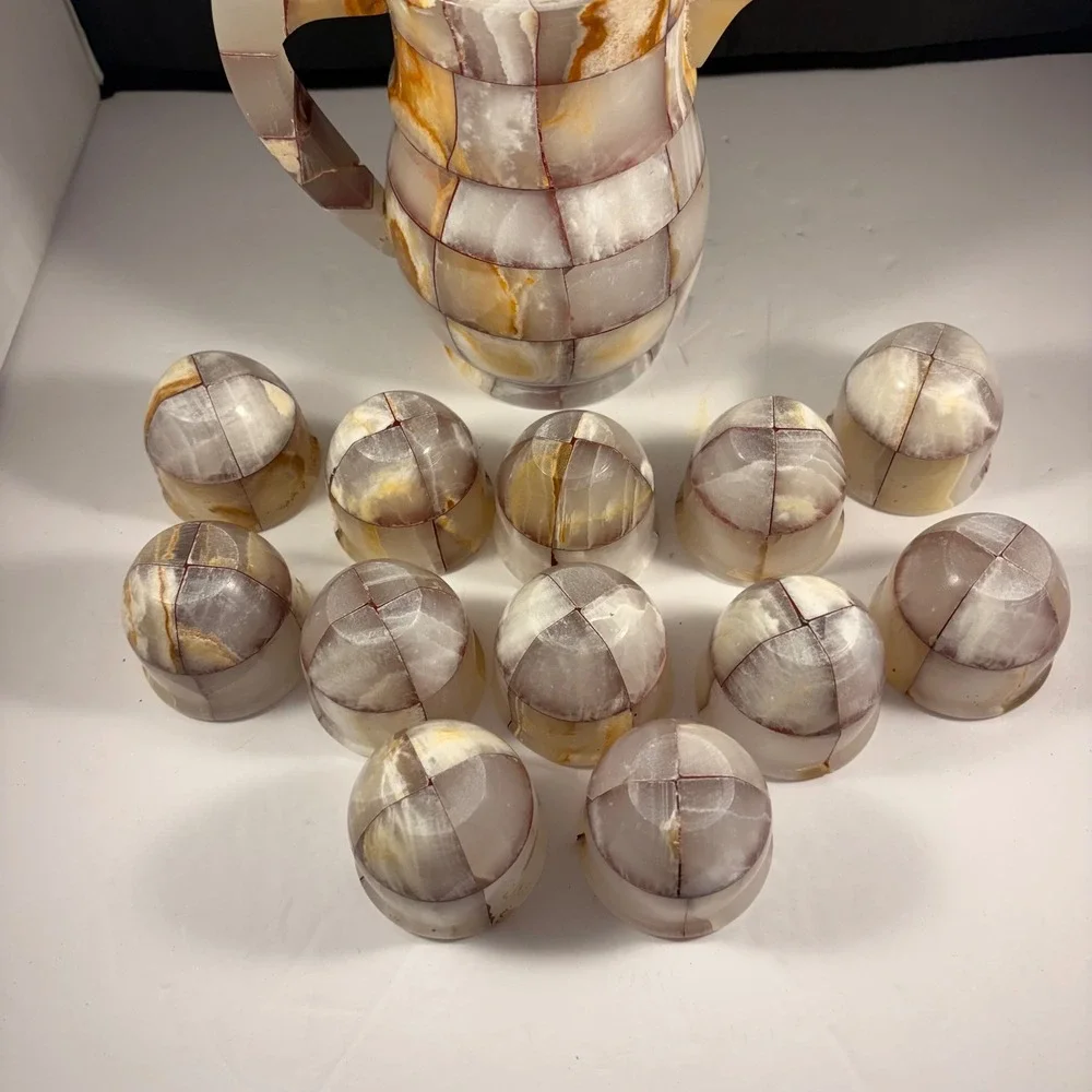 Vintage Onyx Stone Tea Set Coffee Pot & 12 Cups Mid‎ Century Marble Mosaic